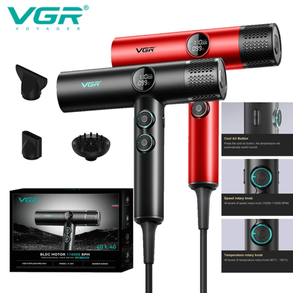 سشوار الشعر الاحترافي V-401 – محرك BLDC بسرعة 110,000 دورة في الدقيقة، 40 إعدادًا للحرارة والسرعة، وتقنية الأيونات السالبة لحماية فائقة